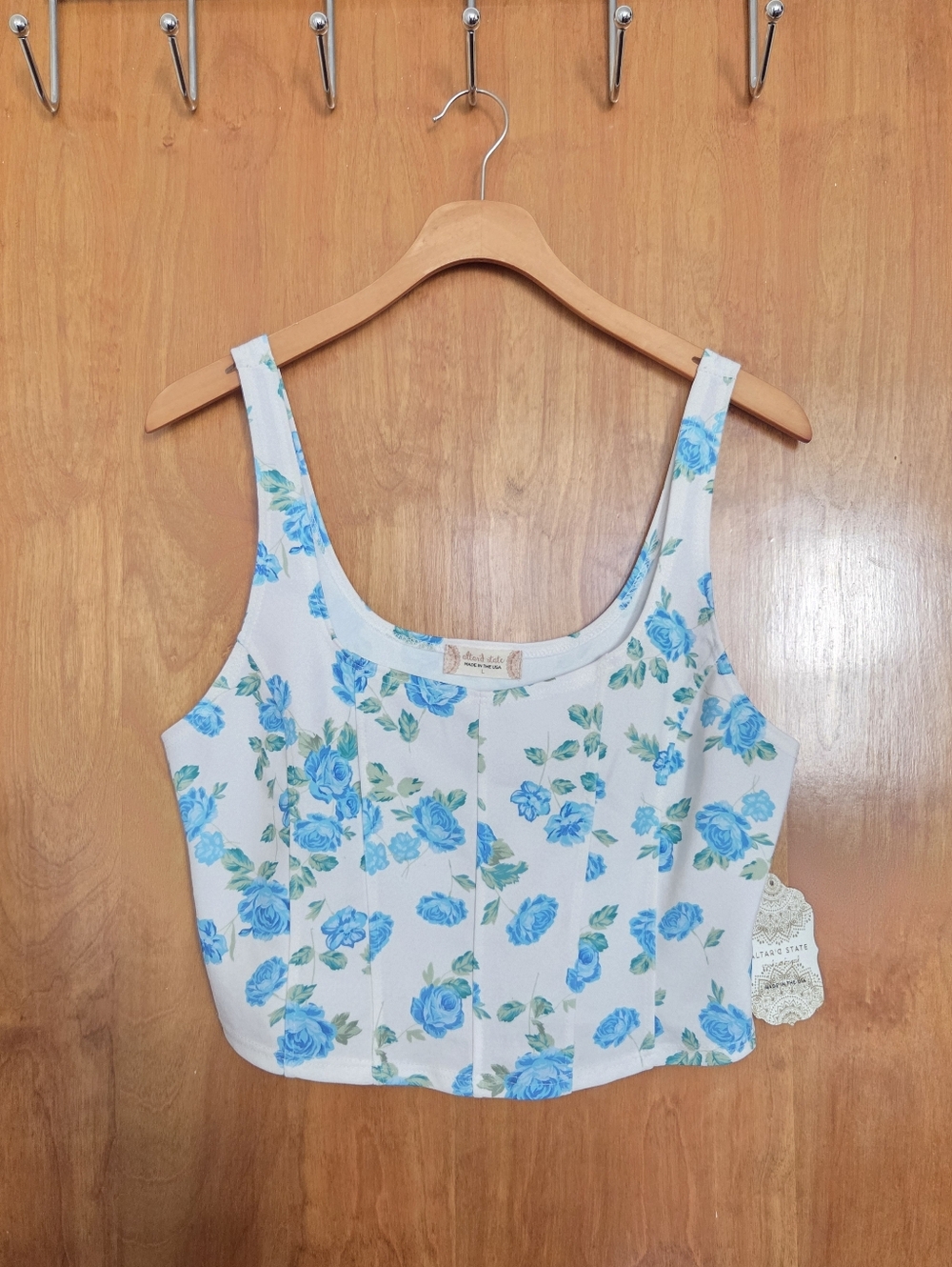Altar'd State Ivory Crop with Blue Floral Print